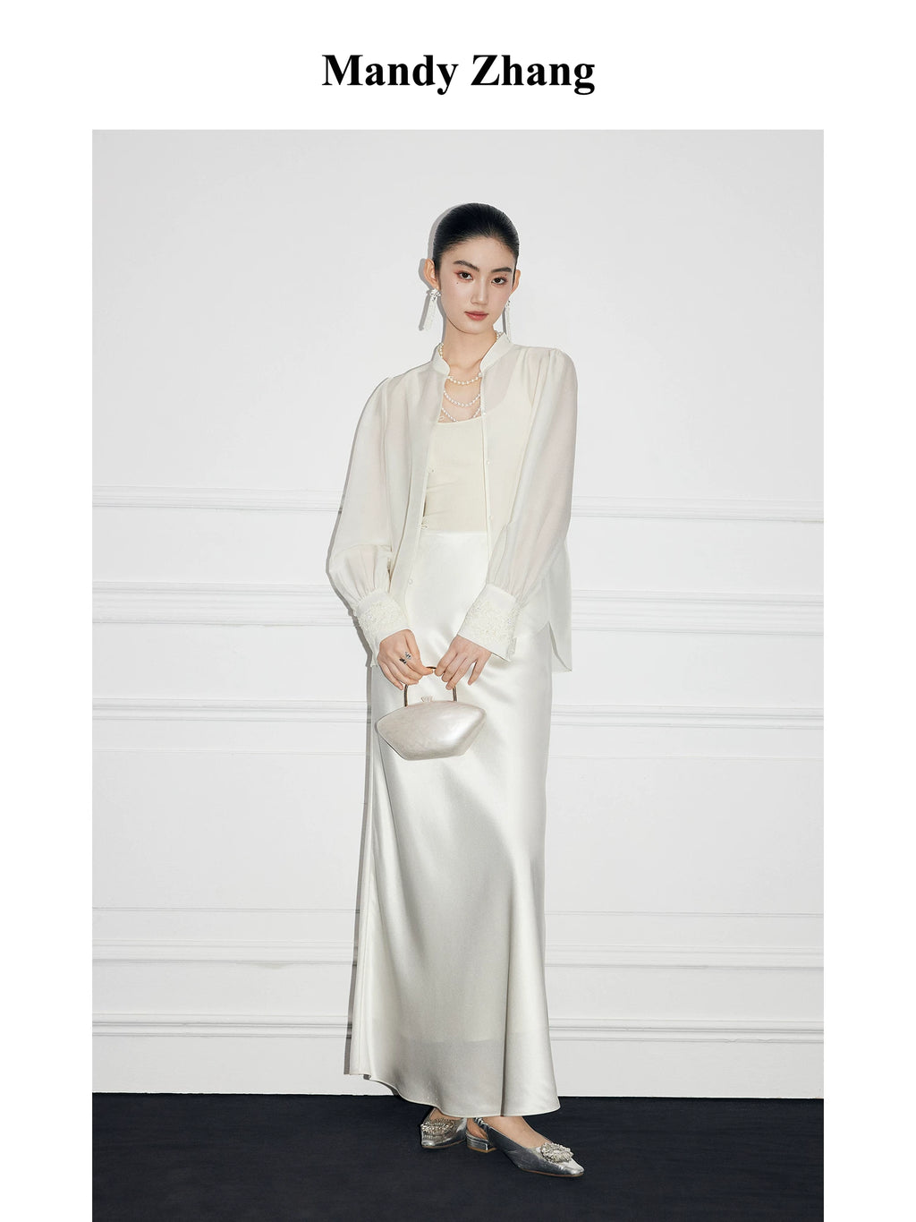 IVORY SILK STAND-COLLAR SHIRT