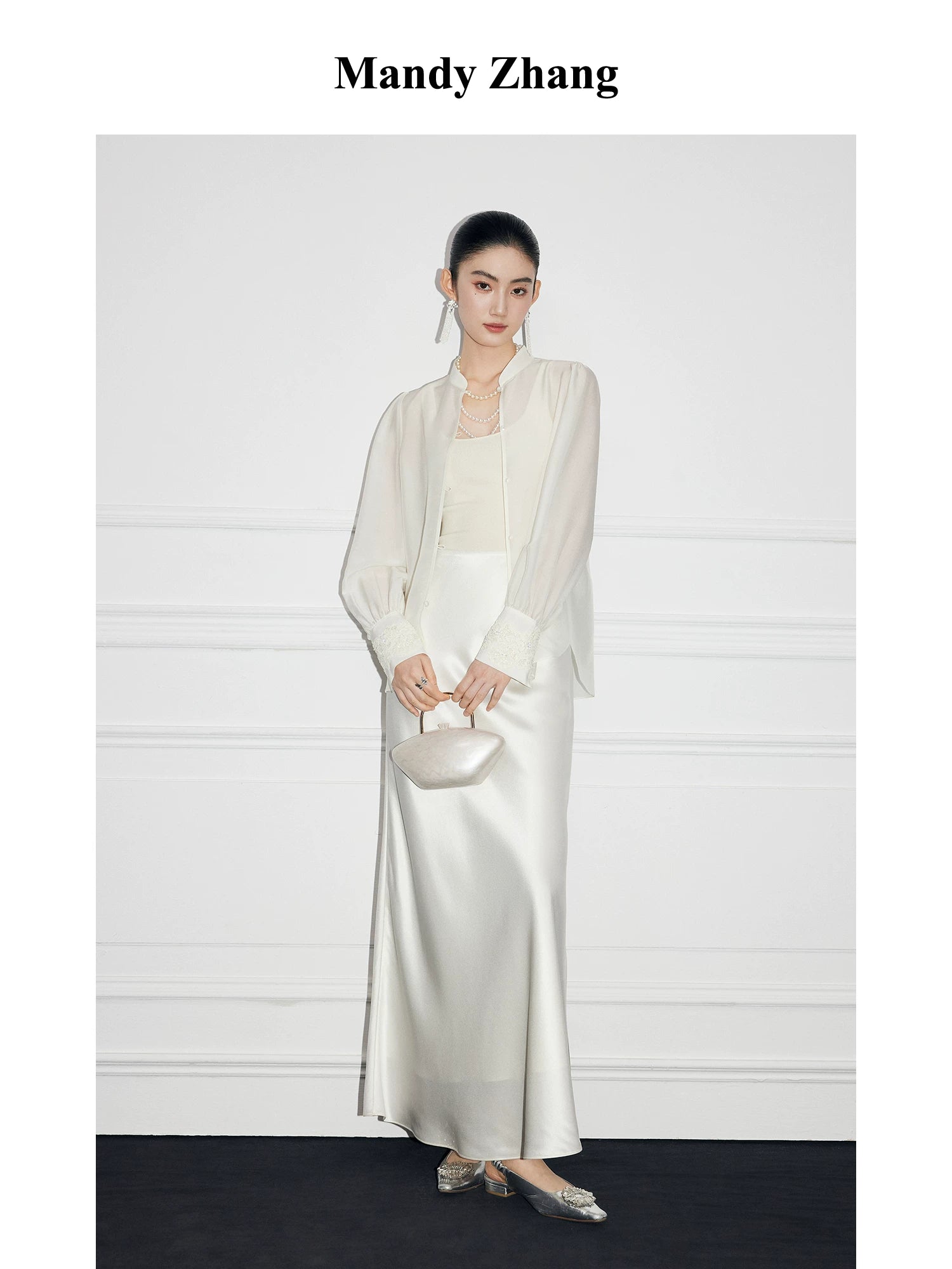 IVORY SILK STAND-COLLAR SHIRT
