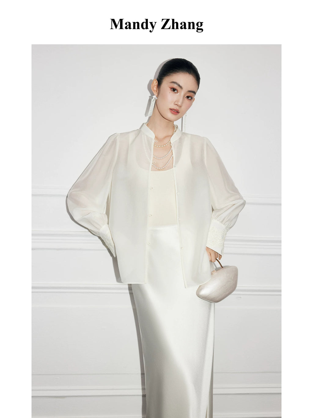 IVORY SILK STAND-COLLAR SHIRT