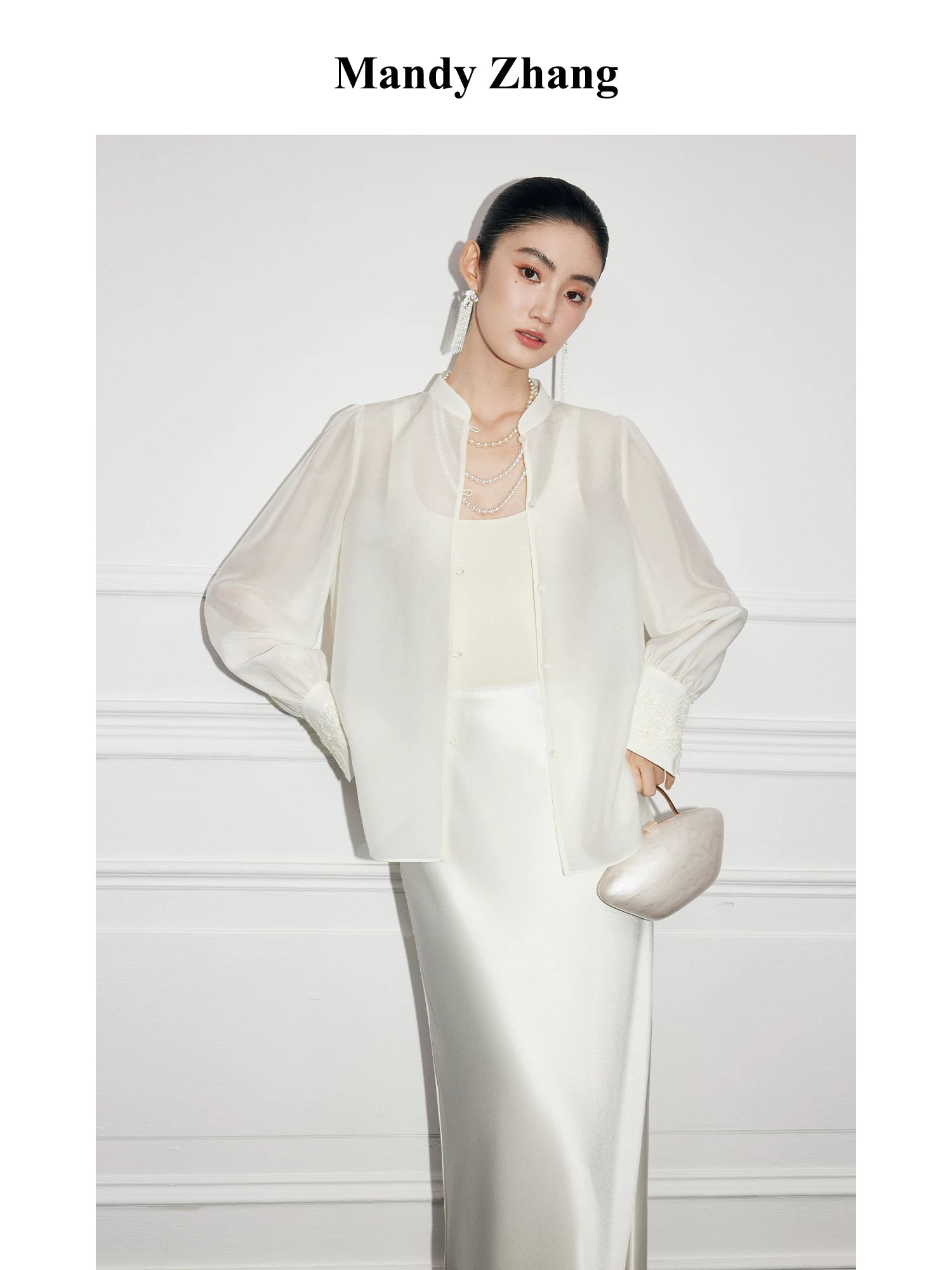 IVORY SILK STAND-COLLAR SHIRT
