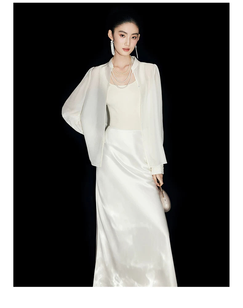IVORY SILK STAND-COLLAR SHIRT