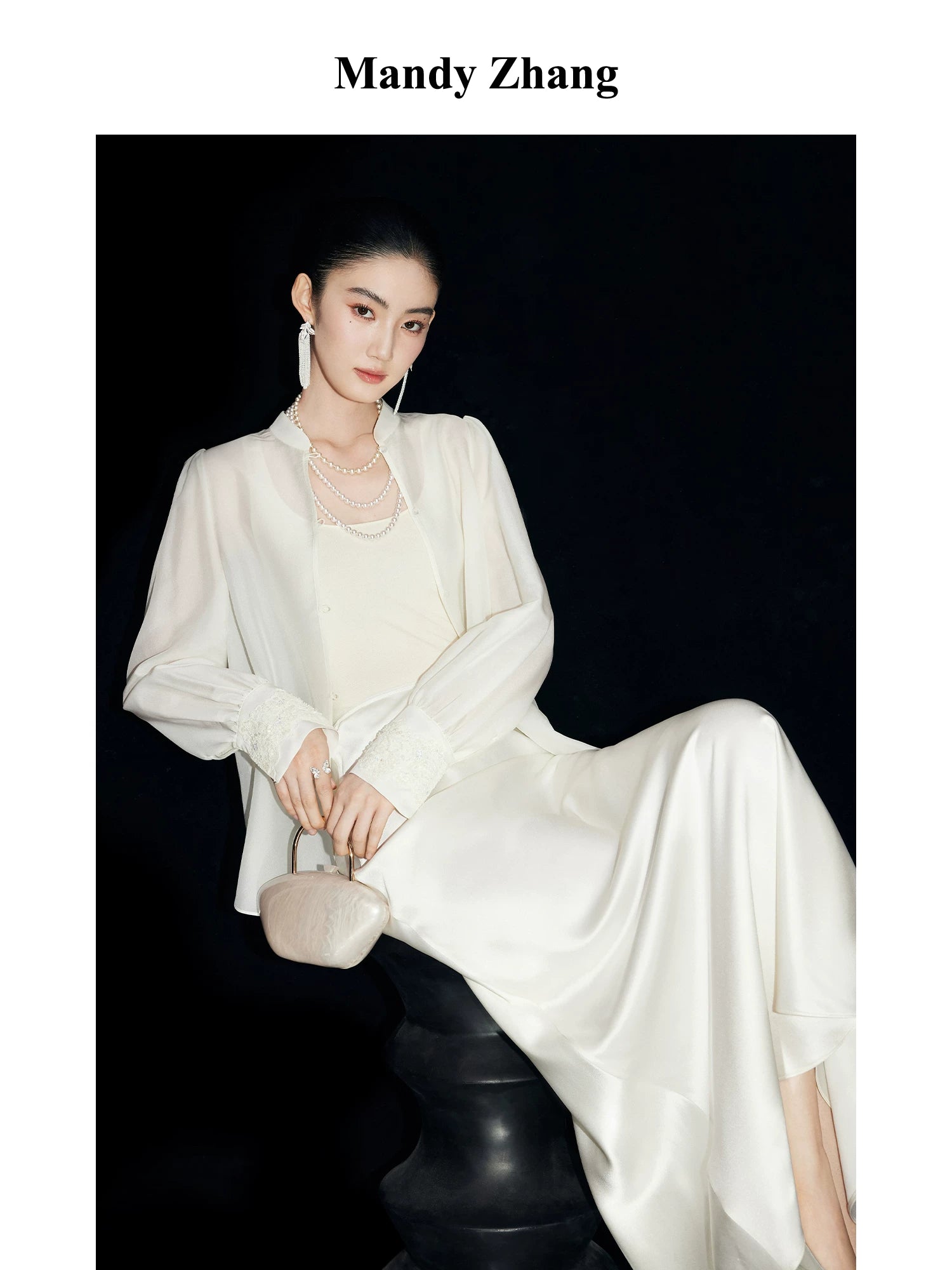 IVORY SILK STAND-COLLAR SHIRT
