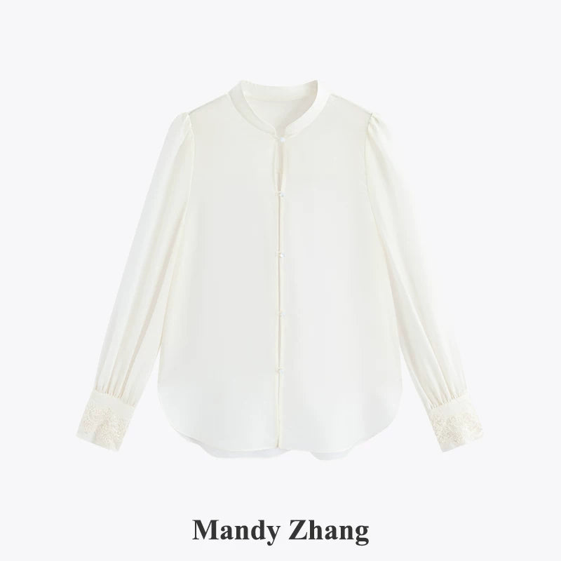 IVORY SILK STAND-COLLAR SHIRT